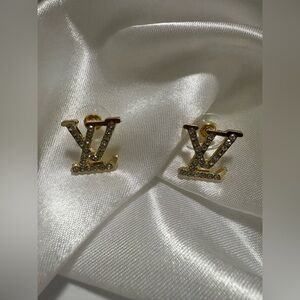Monogram Crystal Stud Earrings in Goldtone LV Fashion Jewelry